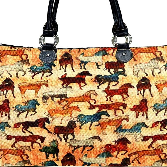 Horses Leather Trimmed Canvas Duffle Shoulder Bag - Picture 2 of 3